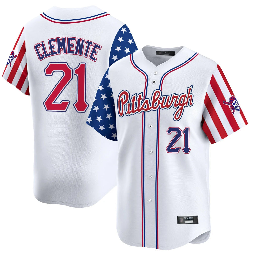 Jamed P.Pirates #21 Roberto Clemente Player White 2025 Independence Day Vapor Premier Limited Stitched Jerseys