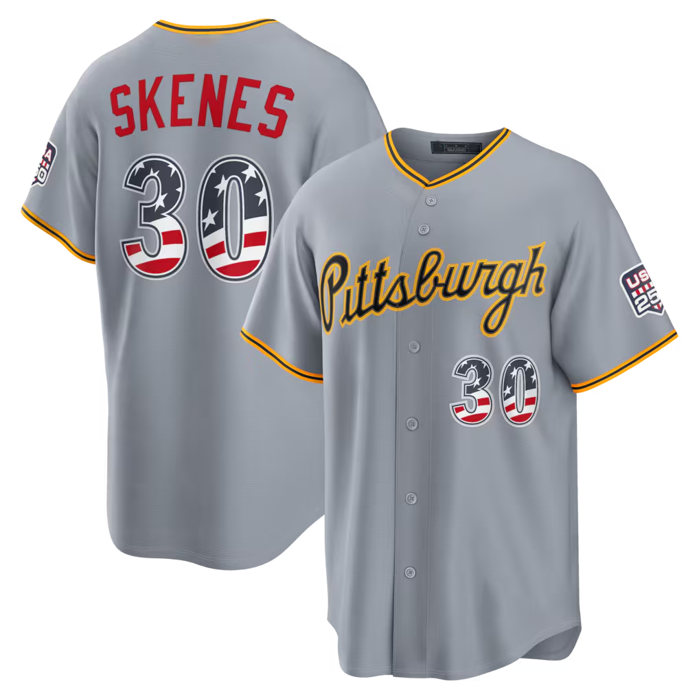 Jamed P.Pirates #30 Paul Skenes Gray USA 250 Fourth of July Road Stadium Jersey