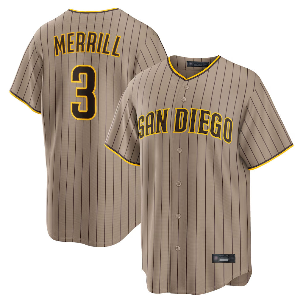 Jamed S.Diego Padres #3 Jackson Merrill Player Khaki Home Game Stitched Jerseys