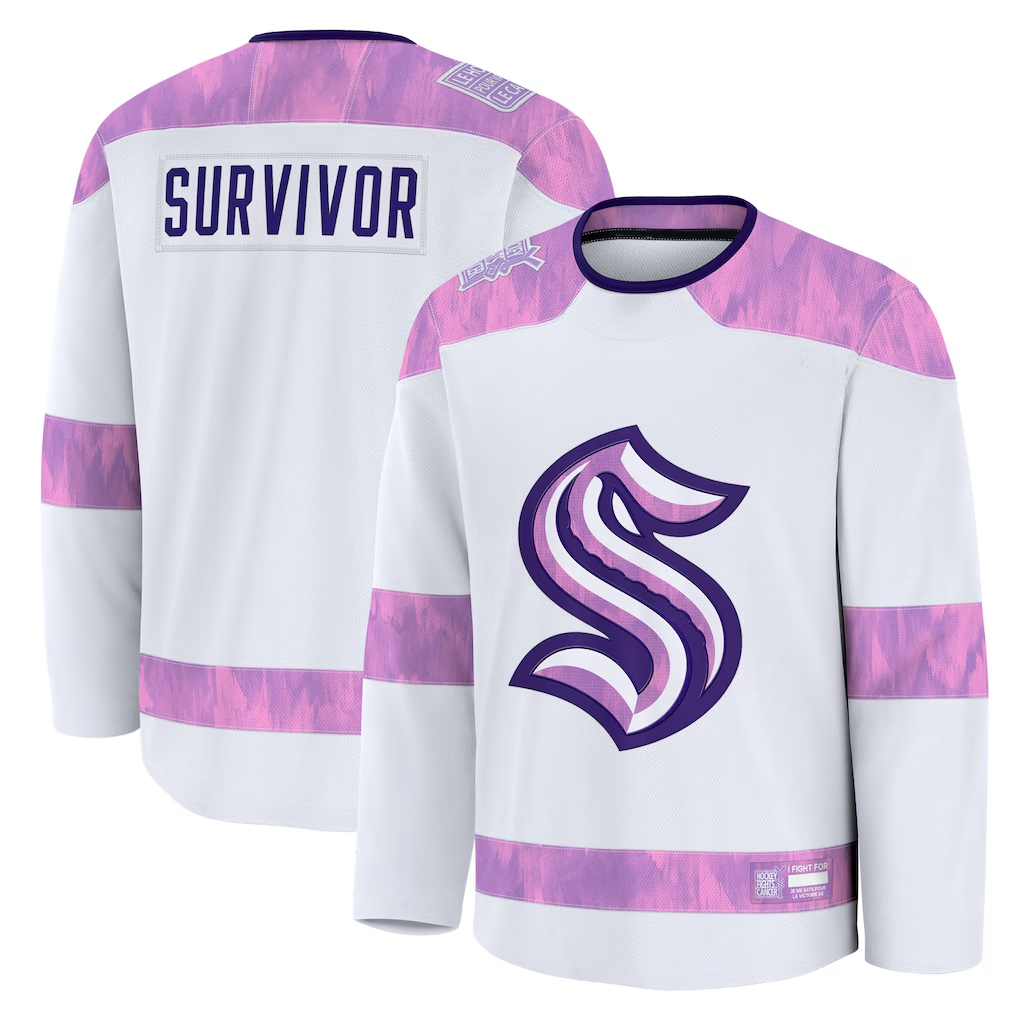 Jamed S.Kraken White Hockey Fights Cancer Survivor Practice Jerseys