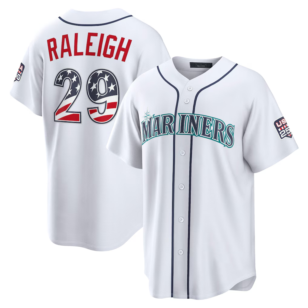 Jamed S.Mariners #29 Cal Raleigh White USA 250 Fourth of July Home Stadium Jersey