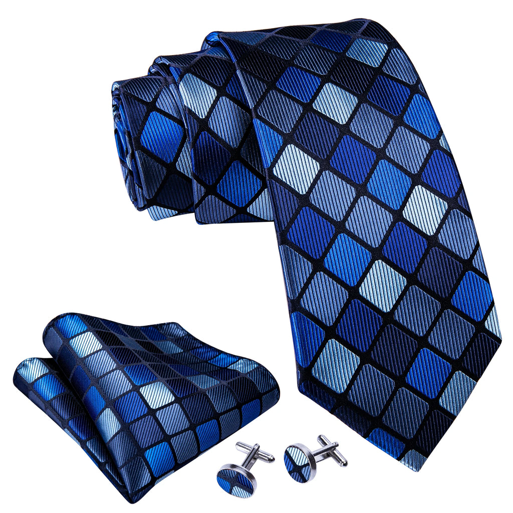 Checkered Tie Set 8.5cm Formal Plaid Necktie Handkerchief Cufflinks Suit Accessory for Groom Party Business High-Grade Woven