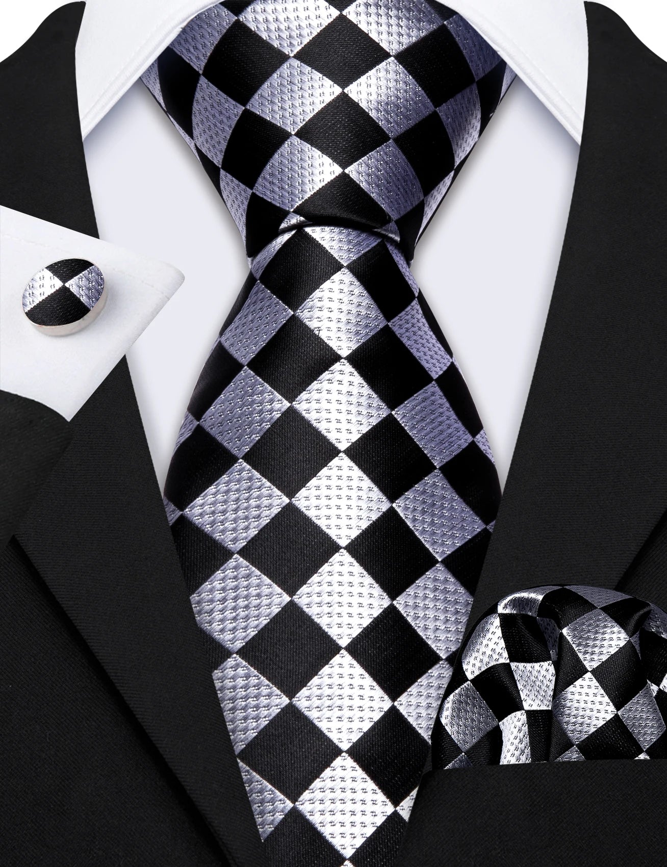 Checkered Tie Set 8.5cm Formal Plaid Necktie Handkerchief Cufflinks Suit Accessory for Groom Party Business High-Grade Woven