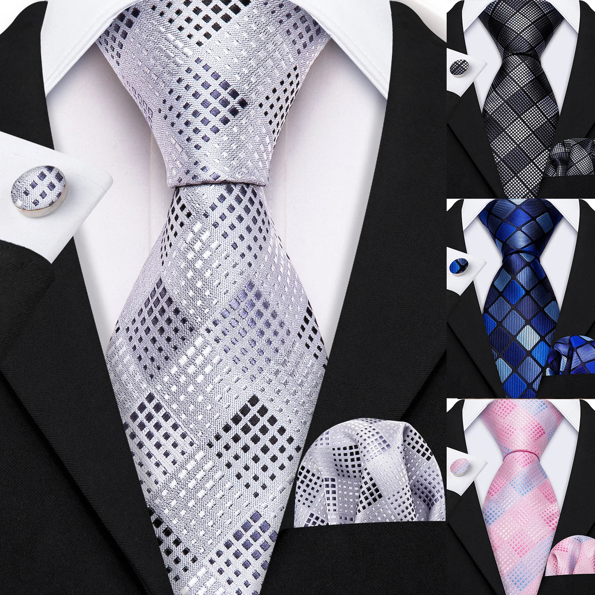Checkered Tie Set 8.5cm Formal Plaid Necktie Handkerchief Cufflinks Suit Accessory for Groom Party Business High-Grade Woven