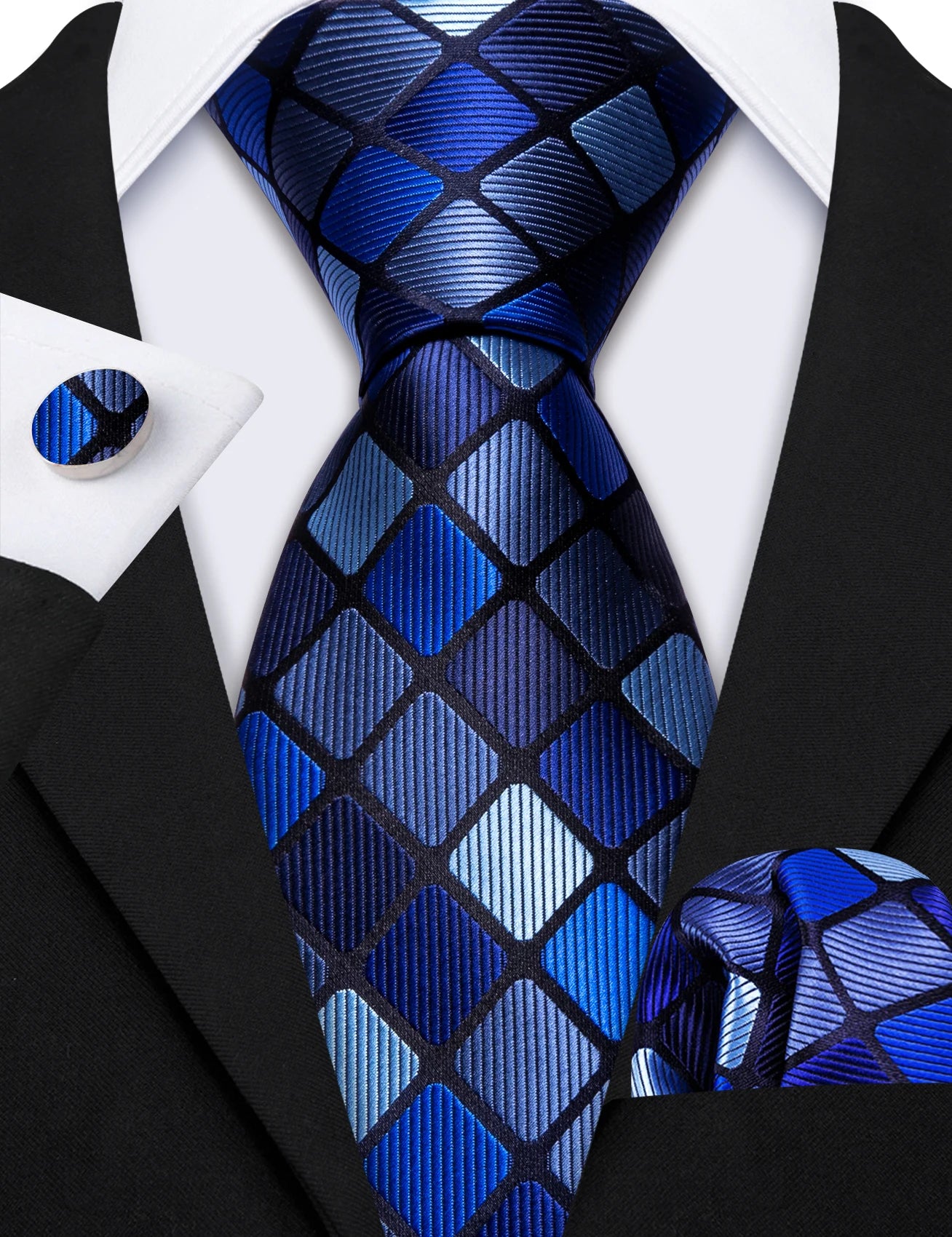 Checkered Tie Set 8.5cm Formal Plaid Necktie Handkerchief Cufflinks Suit Accessory for Groom Party Business High-Grade Woven