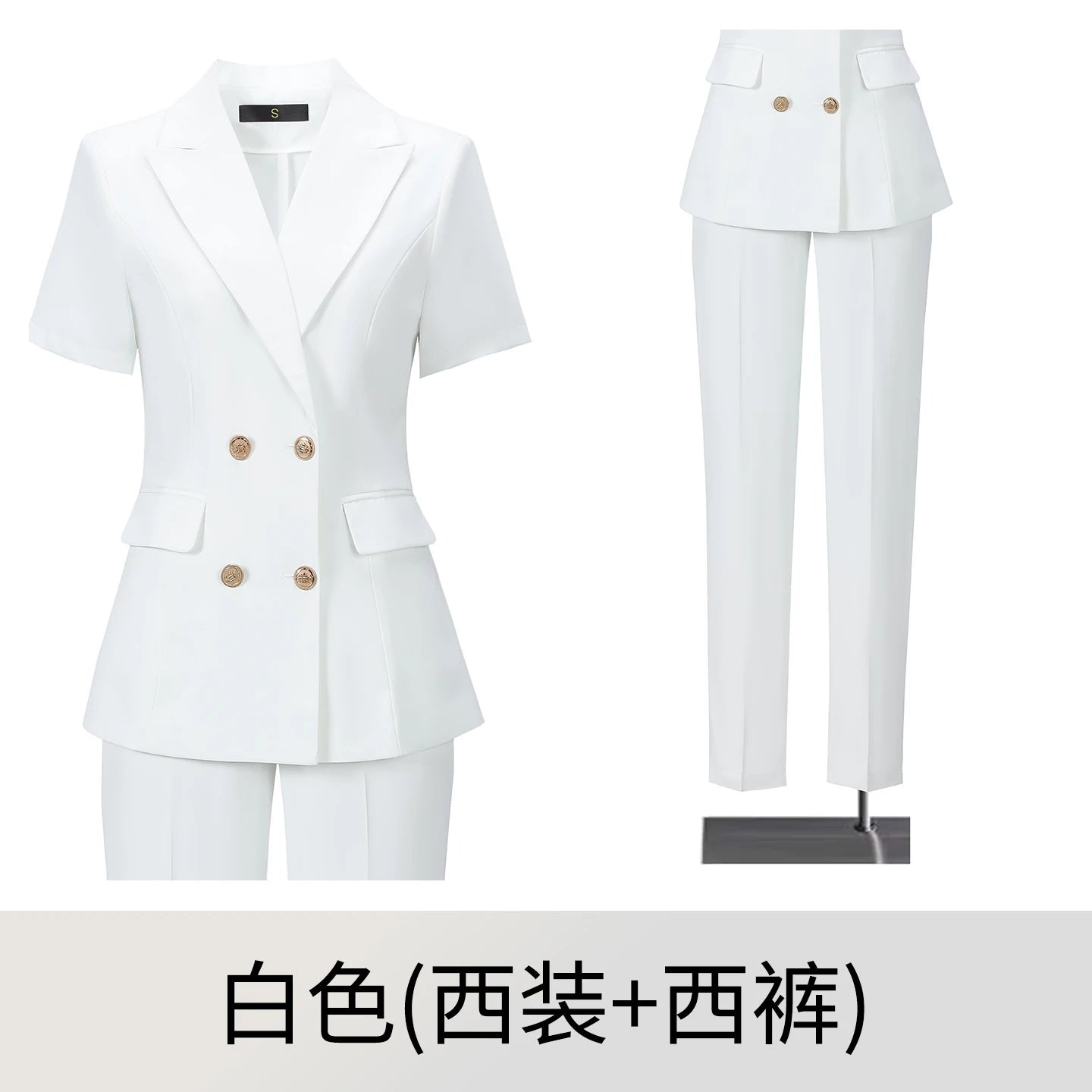 2‑Piece Women Office Suit Short Sleeve Double Breasted Blazer + High Waist Pants Ladies Formal Business Workwear Set Multiple Co