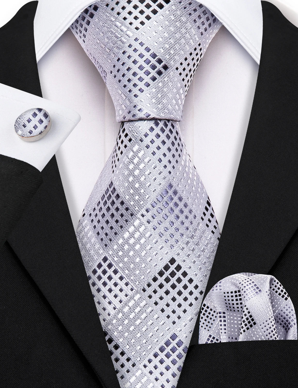 Checkered Tie Set 8.5cm Formal Plaid Necktie Handkerchief Cufflinks Suit Accessory for Groom Party Business High-Grade Woven
