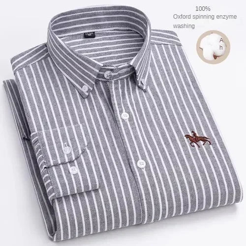100% Pure Cotton Men's Long Sleeve Shirt Business Casual Solid Color Embroidered Oxford Spun Shirt
