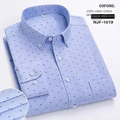 100% Pure Cotton Men's Long Sleeve Shirt Business Casual Solid Color Embroidered Oxford Spun Shirt