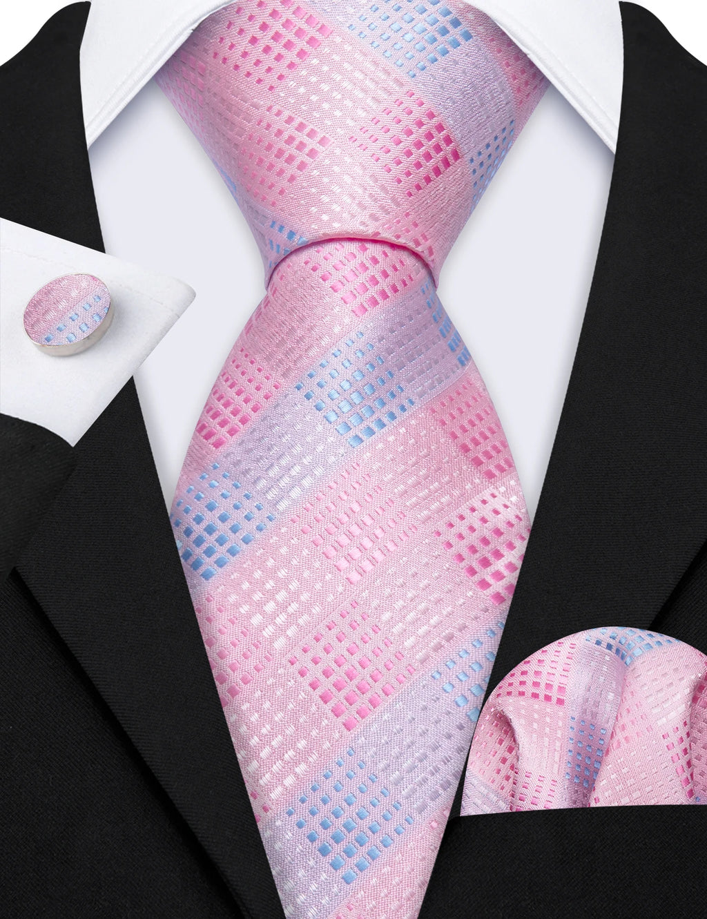 Checkered Tie Set 8.5cm Formal Plaid Necktie Handkerchief Cufflinks Suit Accessory for Groom Party Business High-Grade Woven