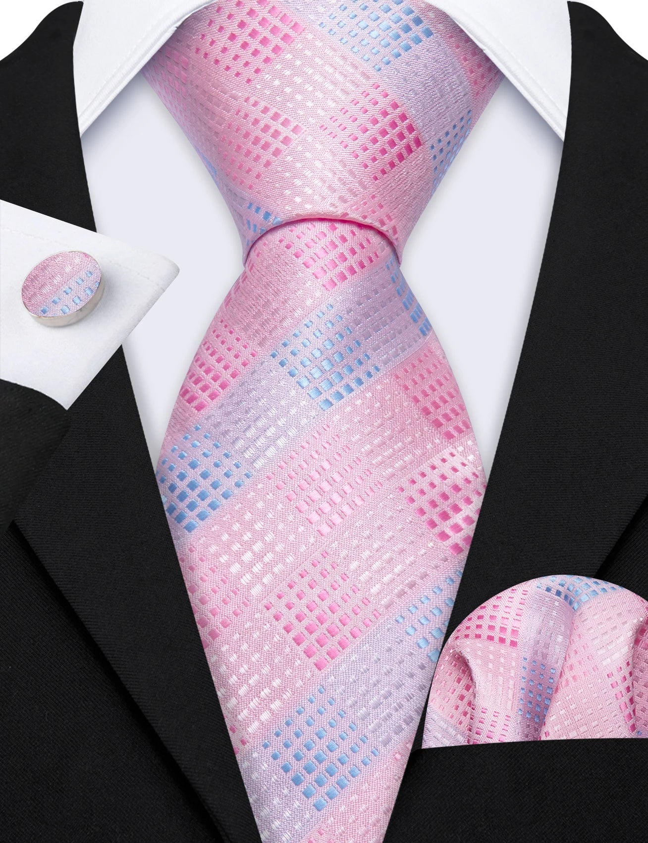 Checkered Tie Set 8.5cm Formal Plaid Necktie Handkerchief Cufflinks Suit Accessory for Groom Party Business High-Grade Woven