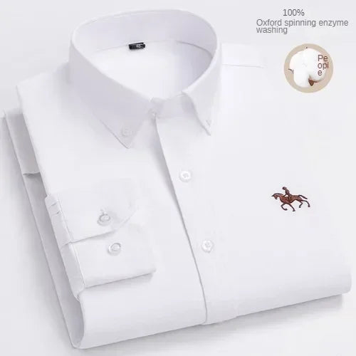 100% Pure Cotton Men's Long Sleeve Shirt Business Casual Solid Color Embroidered Oxford Spun Shirt