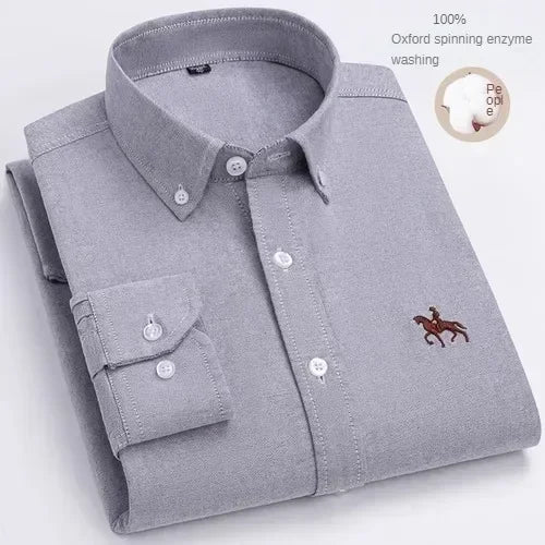 100% Pure Cotton Men's Long Sleeve Shirt Business Casual Solid Color Embroidered Oxford Spun Shirt