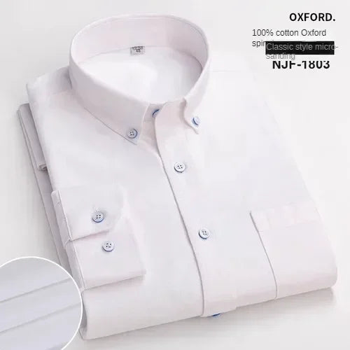 100% Pure Cotton Men's Long Sleeve Shirt Business Casual Solid Color Embroidered Oxford Spun Shirt
