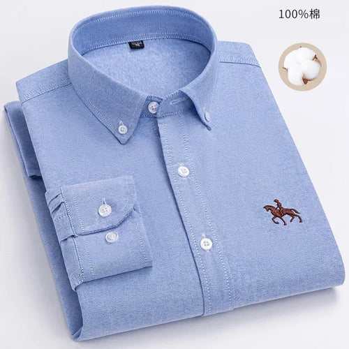 100% Pure Cotton Men's Long Sleeve Shirt Business Casual Solid Color Embroidered Oxford Spun Shirt