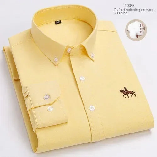 100% Pure Cotton Men's Long Sleeve Shirt Business Casual Solid Color Embroidered Oxford Spun Shirt