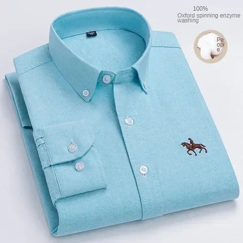 100% Pure Cotton Men's Long Sleeve Shirt Business Casual Solid Color Embroidered Oxford Spun Shirt