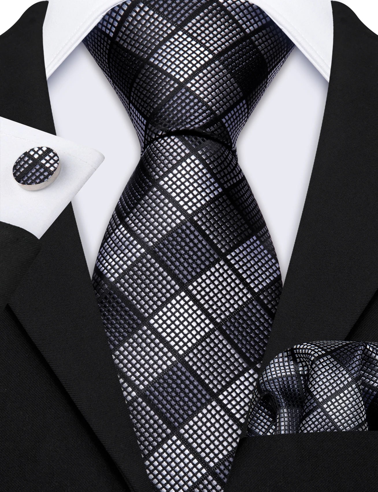 Checkered Tie Set 8.5cm Formal Plaid Necktie Handkerchief Cufflinks Suit Accessory for Groom Party Business High-Grade Woven