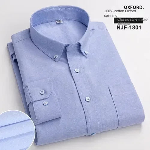 100% Pure Cotton Men's Long Sleeve Shirt Business Casual Solid Color Embroidered Oxford Spun Shirt