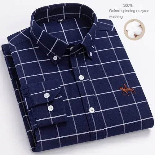 100% Pure Cotton Men's Long Sleeve Shirt Business Casual Solid Color Embroidered Oxford Spun Shirt
