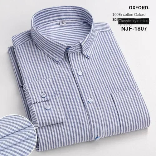100% Pure Cotton Men's Long Sleeve Shirt Business Casual Solid Color Embroidered Oxford Spun Shirt