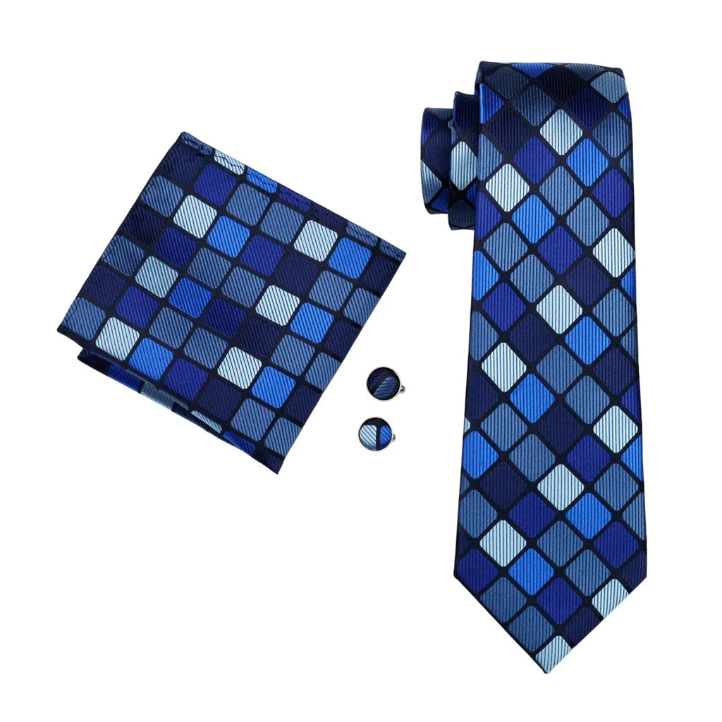 Checkered Tie Set 8.5cm Formal Plaid Necktie Handkerchief Cufflinks Suit Accessory for Groom Party Business High-Grade Woven