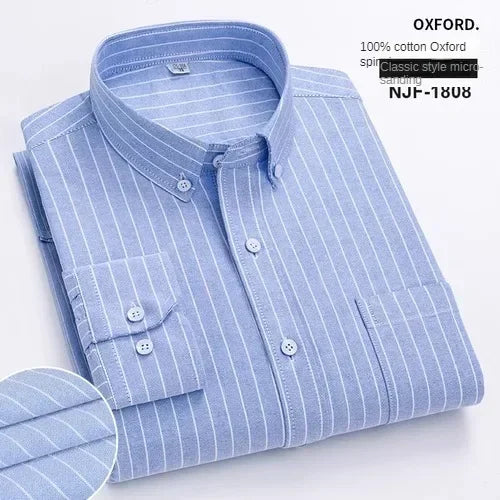 100% Pure Cotton Men's Long Sleeve Shirt Business Casual Solid Color Embroidered Oxford Spun Shirt