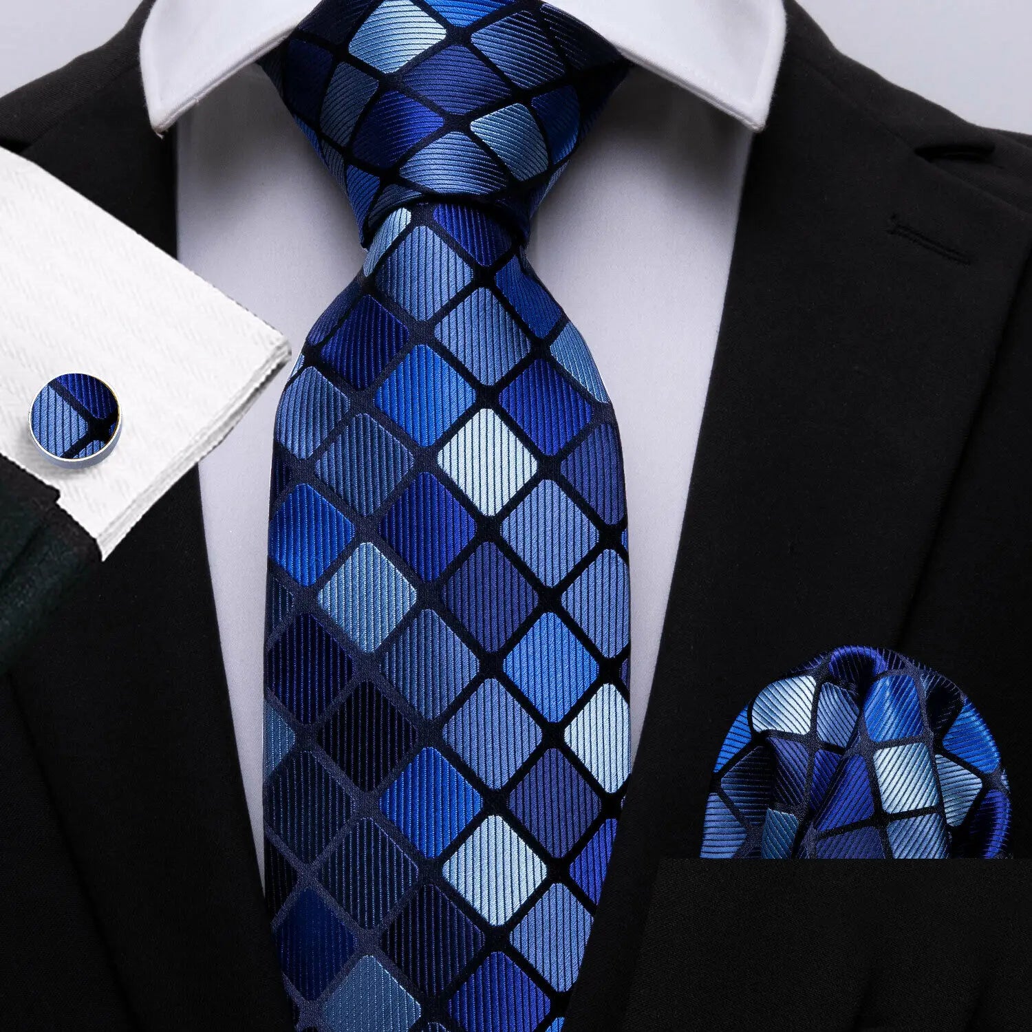 Checkered Tie Set 8.5cm Formal Plaid Necktie Handkerchief Cufflinks Suit Accessory for Groom Party Business High-Grade Woven