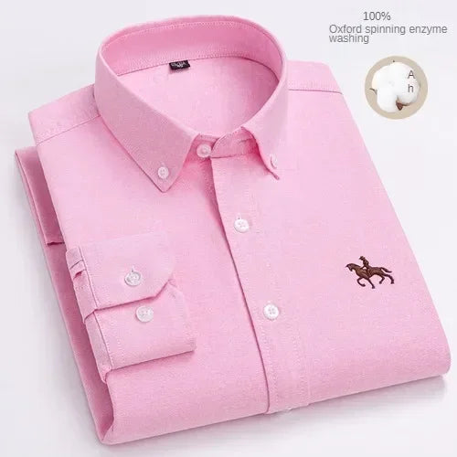 100% Pure Cotton Men's Long Sleeve Shirt Business Casual Solid Color Embroidered Oxford Spun Shirt