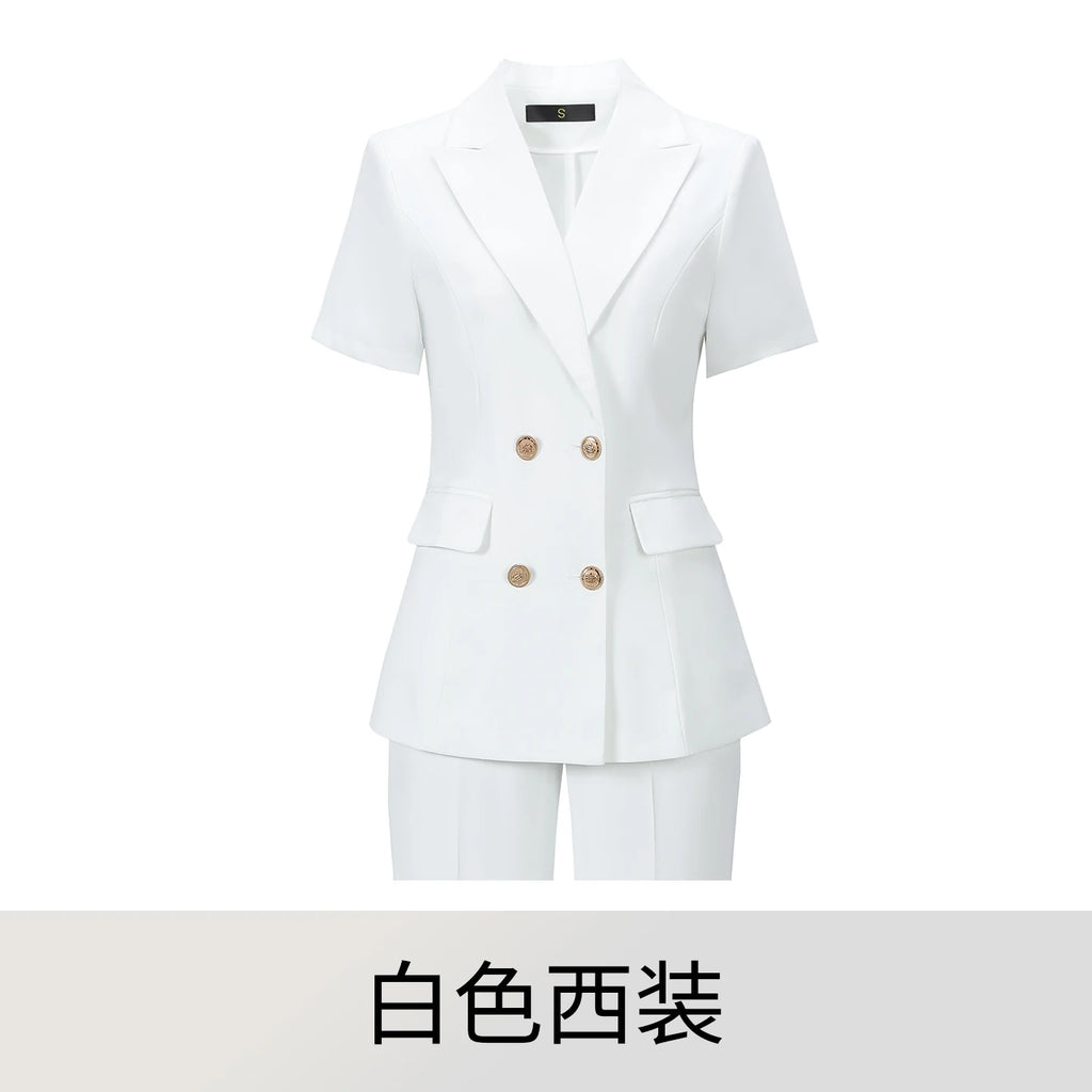 2‑Piece Women Office Suit Short Sleeve Double Breasted Blazer + High Waist Pants Ladies Formal Business Workwear Set Multiple Co