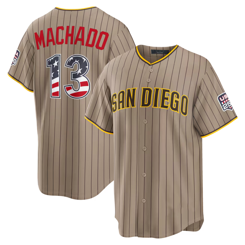 Jamed SD.Padres #13 Manny Machado Sand USA 250 Fourth of July Alternate Stadium Jersey