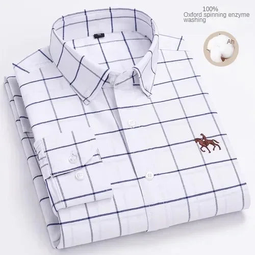 100% Pure Cotton Men's Long Sleeve Shirt Business Casual Solid Color Embroidered Oxford Spun Shirt