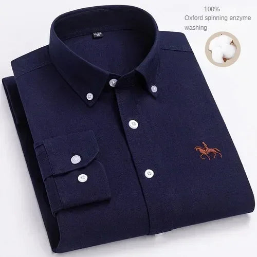 100% Pure Cotton Men's Long Sleeve Shirt Business Casual Solid Color Embroidered Oxford Spun Shirt