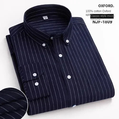 100% Pure Cotton Men's Long Sleeve Shirt Business Casual Solid Color Embroidered Oxford Spun Shirt