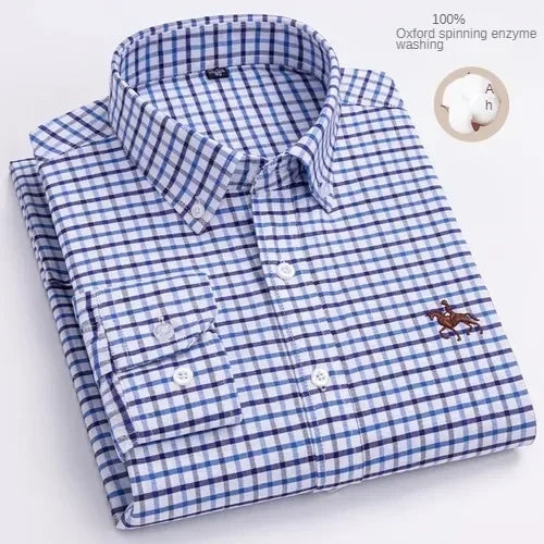 100% Pure Cotton Men's Long Sleeve Shirt Business Casual Solid Color Embroidered Oxford Spun Shirt
