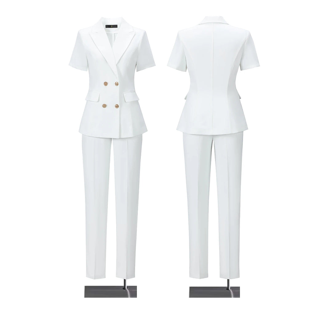 2‑Piece Women Office Suit Short Sleeve Double Breasted Blazer + High Waist Pants Ladies Formal Business Workwear Set Multiple Co