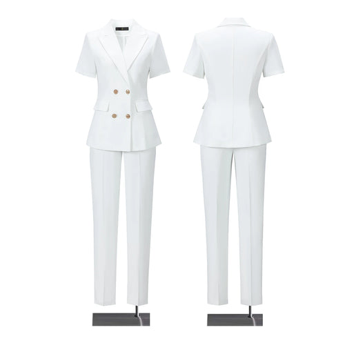 2‑Piece Women Office Suit Short Sleeve Double Breasted Blazer + High Waist Pants Ladies Formal Business Workwear Set Multiple Co