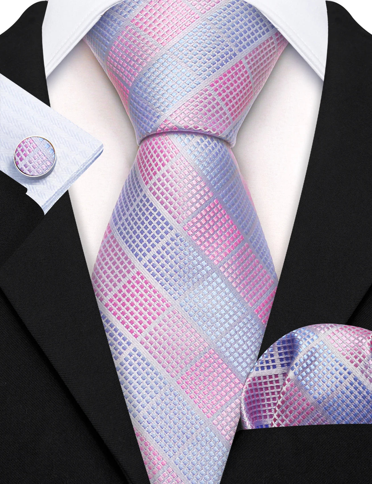 Checkered Tie Set 8.5cm Formal Plaid Necktie Handkerchief Cufflinks Suit Accessory for Groom Party Business High-Grade Woven