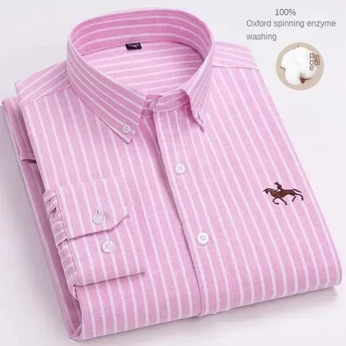 100% Pure Cotton Men's Long Sleeve Shirt Business Casual Solid Color Embroidered Oxford Spun Shirt