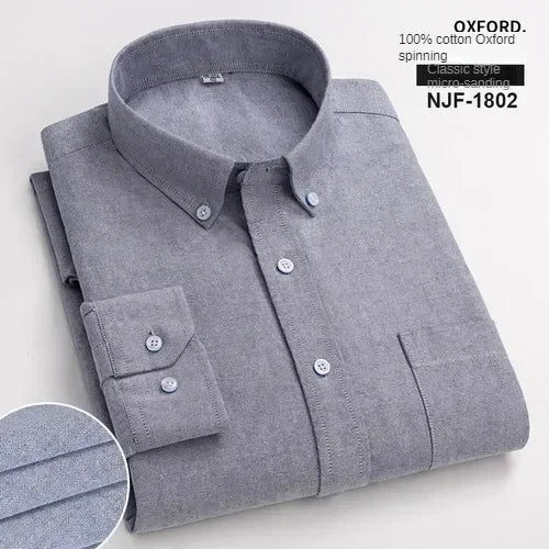 100% Pure Cotton Men's Long Sleeve Shirt Business Casual Solid Color Embroidered Oxford Spun Shirt