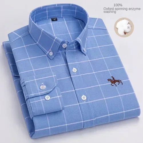 100% Pure Cotton Men's Long Sleeve Shirt Business Casual Solid Color Embroidered Oxford Spun Shirt