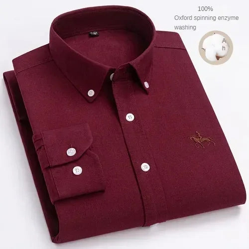 100% Pure Cotton Men's Long Sleeve Shirt Business Casual Solid Color Embroidered Oxford Spun Shirt