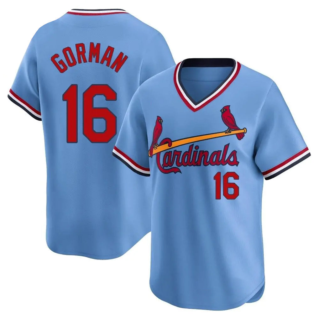 Jamed St. Louis Cardinals #16 Nolan Gorman Player Light Blue City Connect Home T-shirt Stitched Jerseys