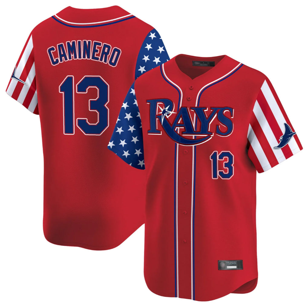 Jamed TB.Rays #13 Junior Caminero Player Red 2025 Independence Day Vapor Premier Limited Stitched Jerseys