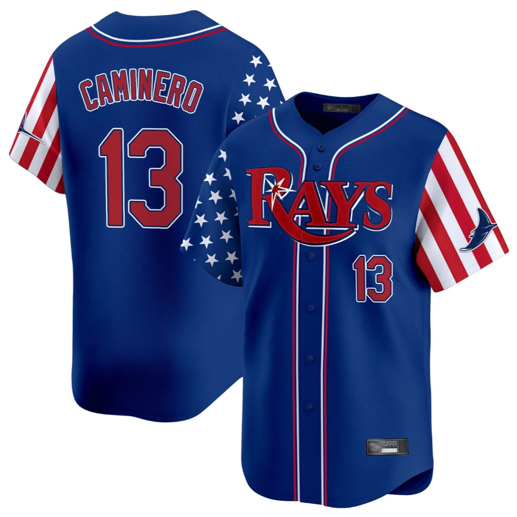 Jamed TB.Rays #13 Junior Caminero Player Royal 2025 Independence Day Vapor Premier Limited Stitched Jerseys