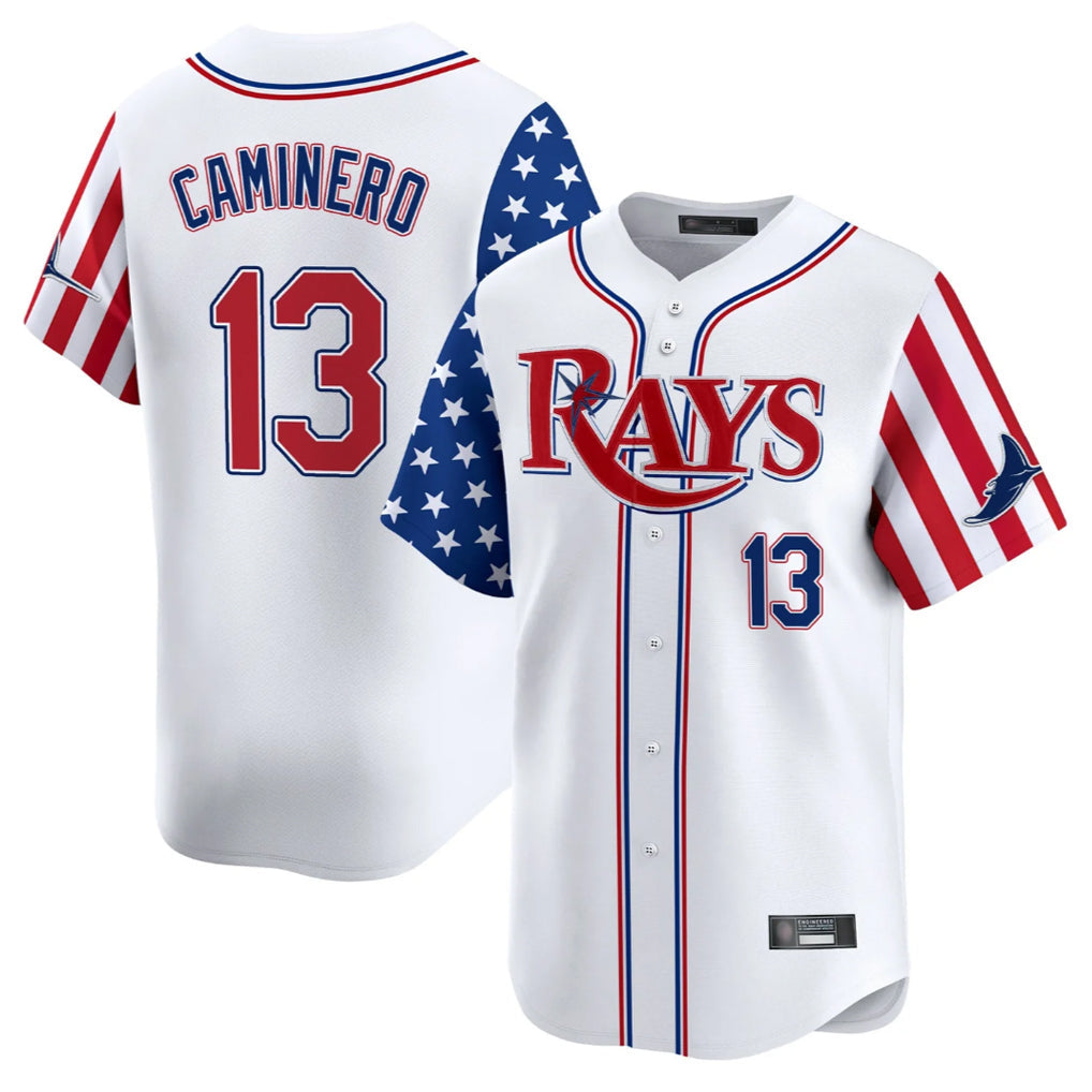 Jamed TB.Rays #13 Junior Caminero Player White 2025 Independence Day Vapor Premier Limited Stitched Jerseys