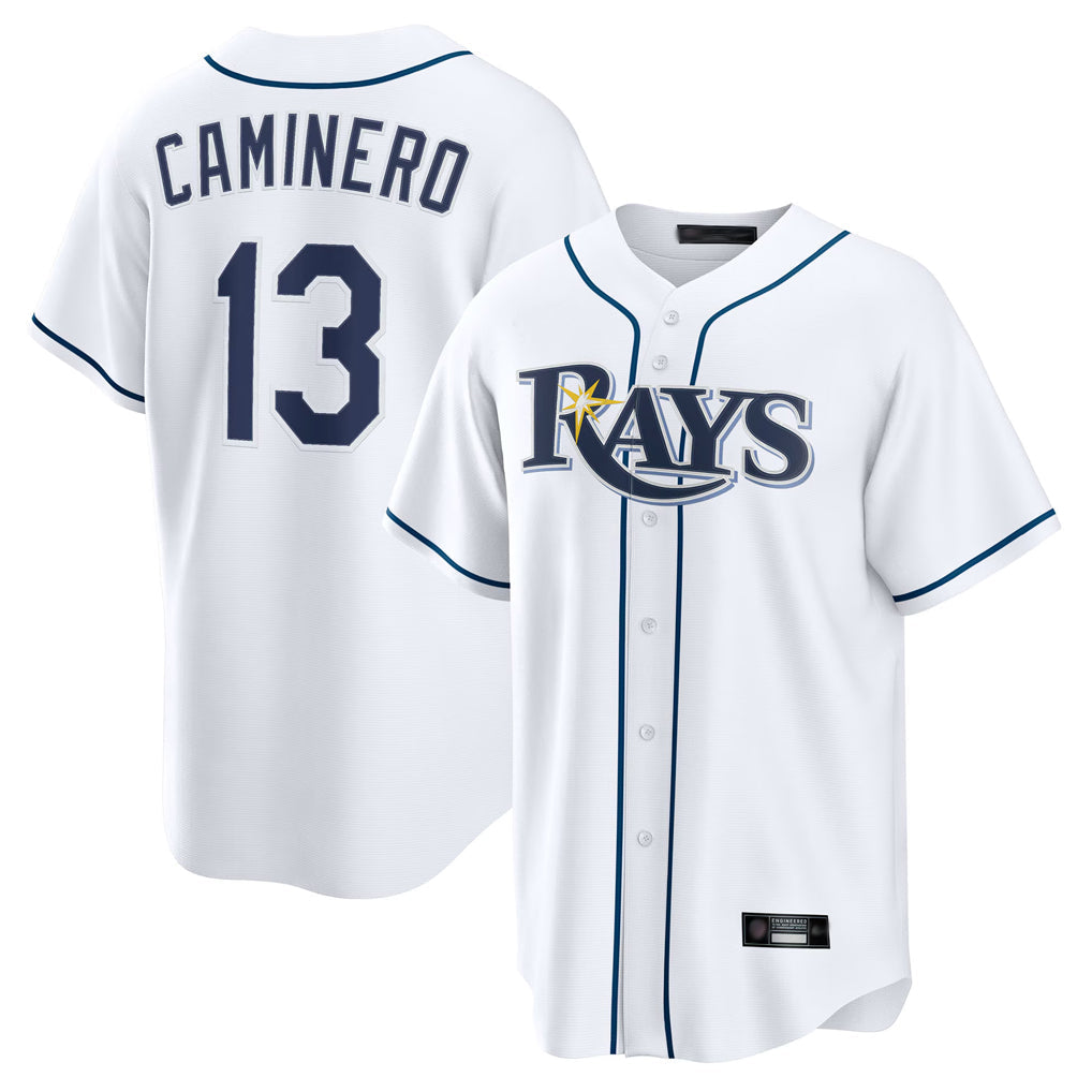 Jamed TB.Rays #13 Junior Caminero Player White Home Game Stitched Jerseys