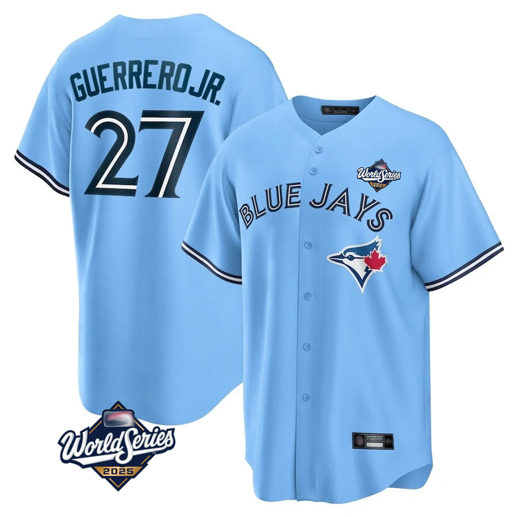 Jamed T.Blue Jays #27 Vladimir Guerrero Jr Player Light Blue 2025 World Series Game Stitched Jersey