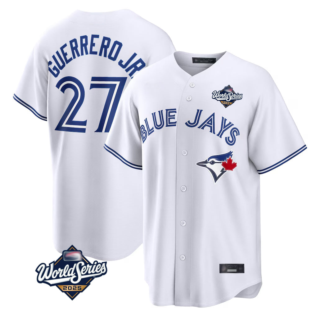 Jamed T.Blue Jays #27 Vladimir Guerrero Jr Player White 2025 World Series Game Stitched Jersey