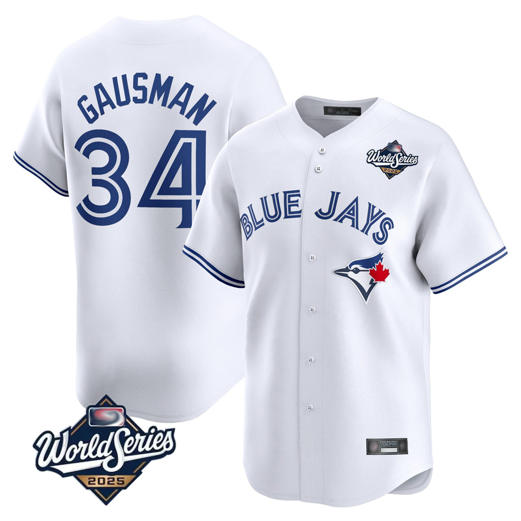 Jamed T.Blue Jays #34 Kevin Gausman Player White 2025 World Series Home Limited Stitched Jerseys